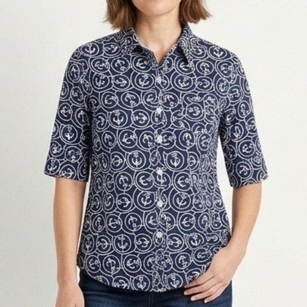 LL Bean Women's Large Navy Anchor Print Short Sleeve Button Up Shirt Nautical